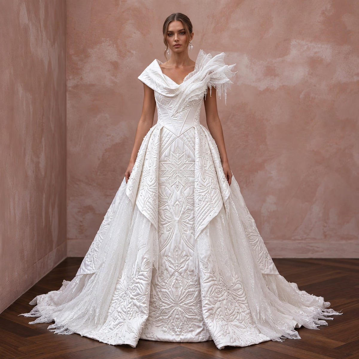 Ethereal White Quilted Satin Wedding Gown for Snowy Trash the Dress