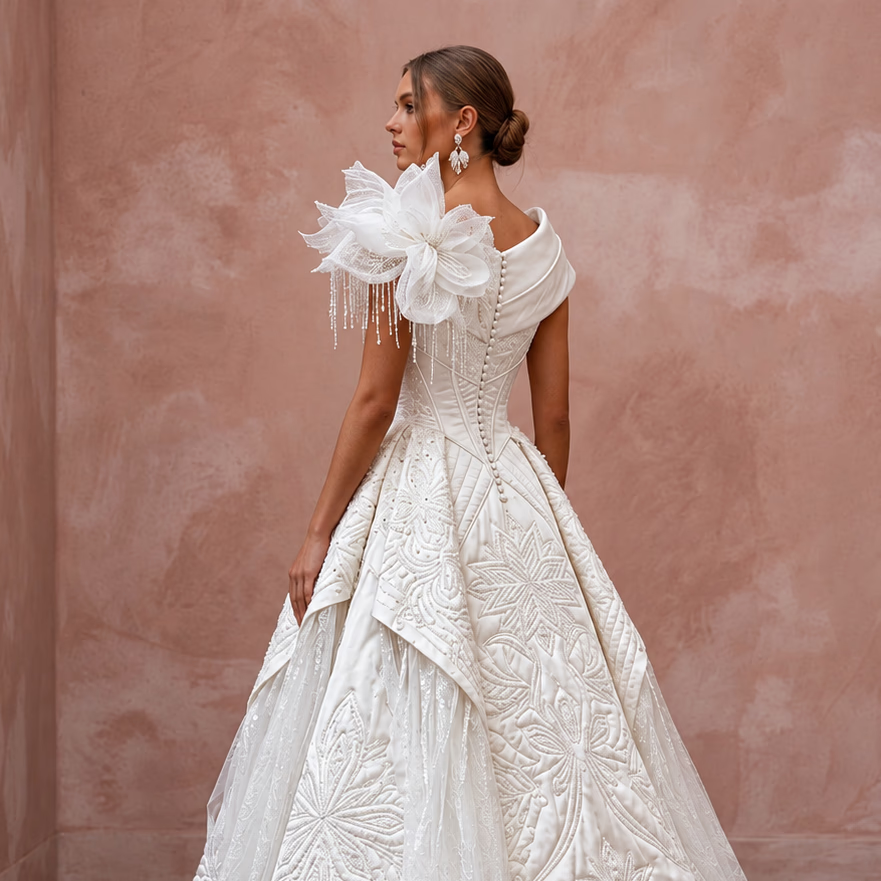 Ethereal White Quilted Satin Wedding Gown for Snowy Trash the Dress