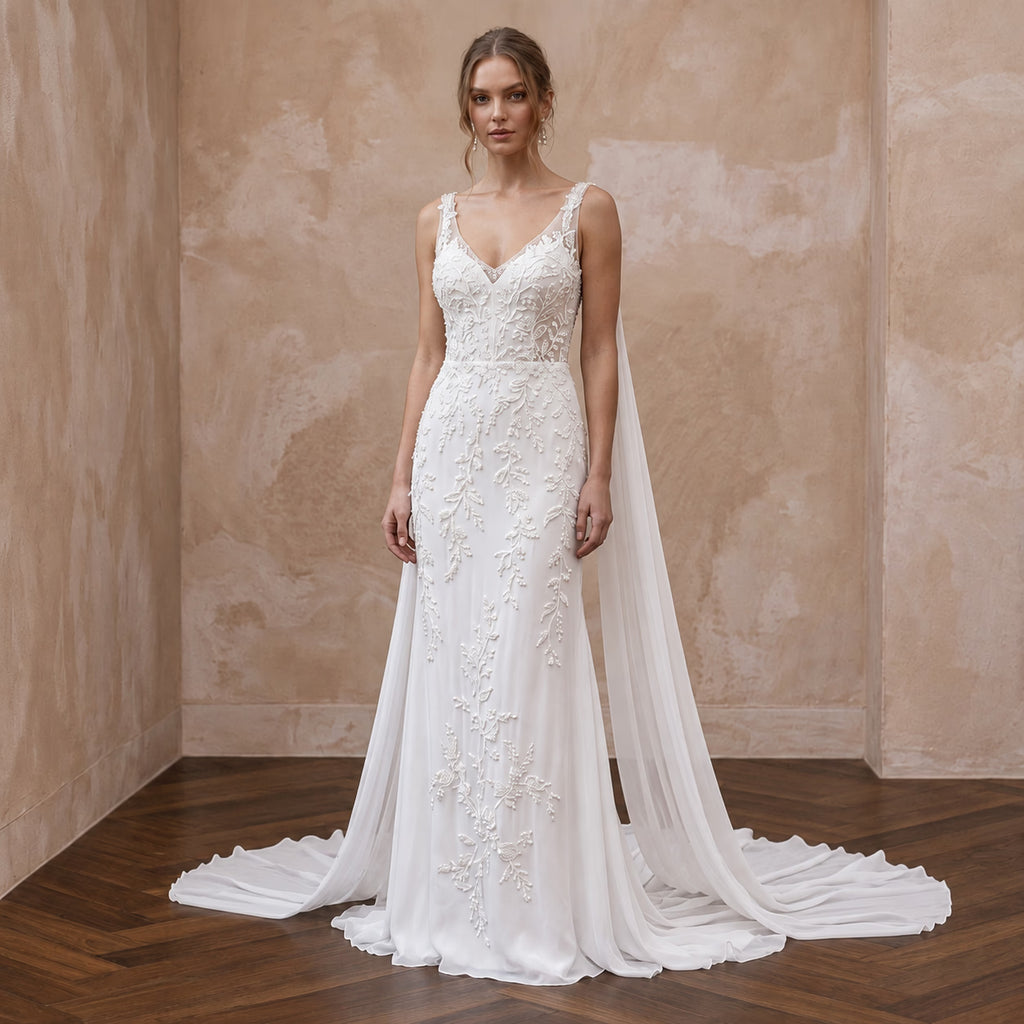 Ethereal White Silk Chiffon Watteau Train Sheath Dress for Vow Renewal - Apparel & Accessories > Clothing > Wedding & Bridal Party Dresses > Wedding Dresses - Mignonette Bridal