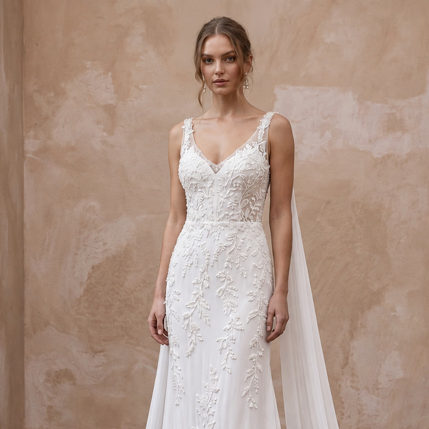 Ethereal White Silk Chiffon Watteau Train Sheath Dress for Vow Renewal - Apparel & Accessories > Clothing > Wedding & Bridal Party Dresses > Wedding Dresses - Mignonette Bridal