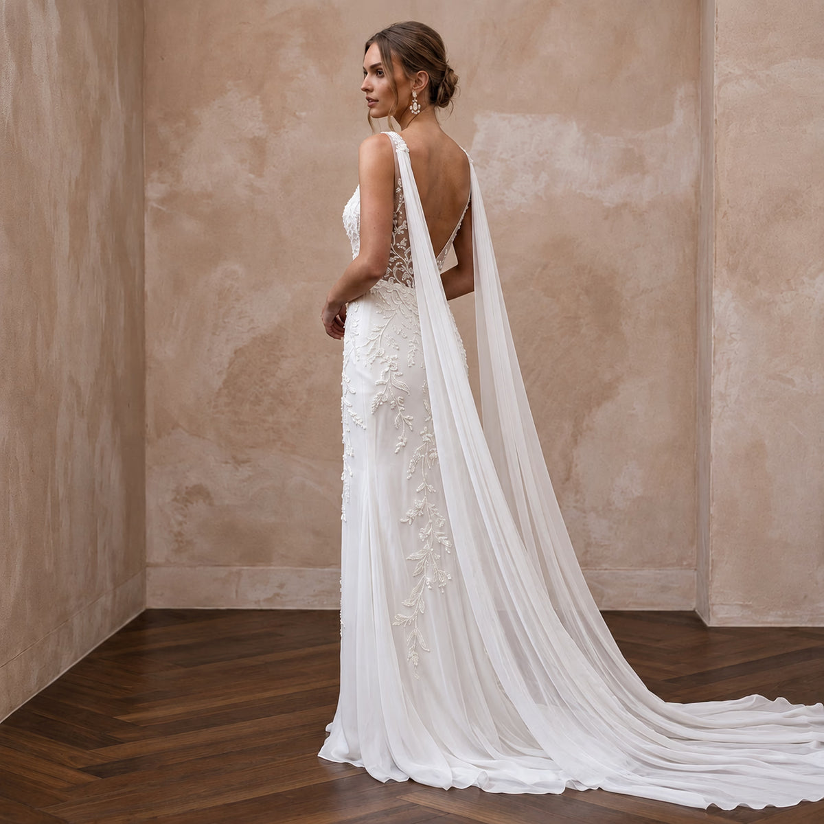 Ethereal White Silk Chiffon Watteau Train Sheath Dress for Vow Renewal - Apparel & Accessories > Clothing > Wedding & Bridal Party Dresses > Wedding Dresses - Mignonette Bridal