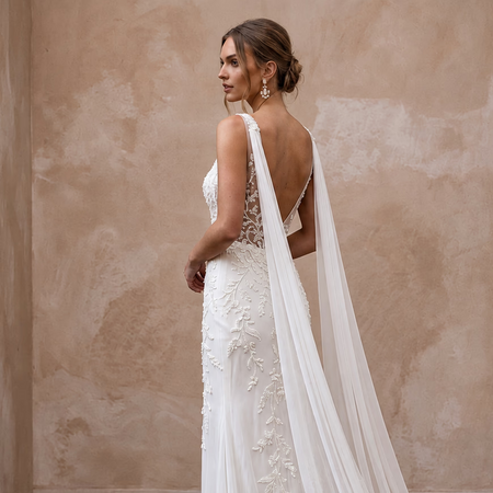 Ethereal White Silk Chiffon Watteau Train Sheath Dress for Vow Renewal - Apparel & Accessories > Clothing > Wedding & Bridal Party Dresses > Wedding Dresses - Mignonette Bridal