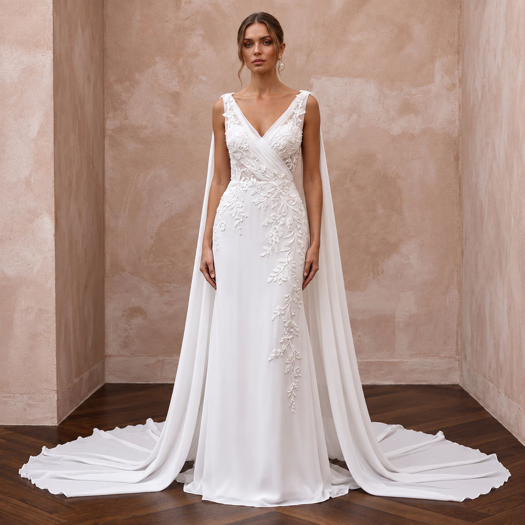 Ethereal White Silk Chiffon Watteau Train Sheath Wedding Dress - Apparel & Accessories > Clothing > Wedding & Bridal Party Dresses > Wedding Dresses - Mignonette Bridal