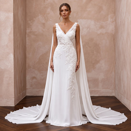 Ethereal White Silk Chiffon Watteau Train Sheath Wedding Dress - Apparel & Accessories > Clothing > Wedding & Bridal Party Dresses > Wedding Dresses - Mignonette Bridal