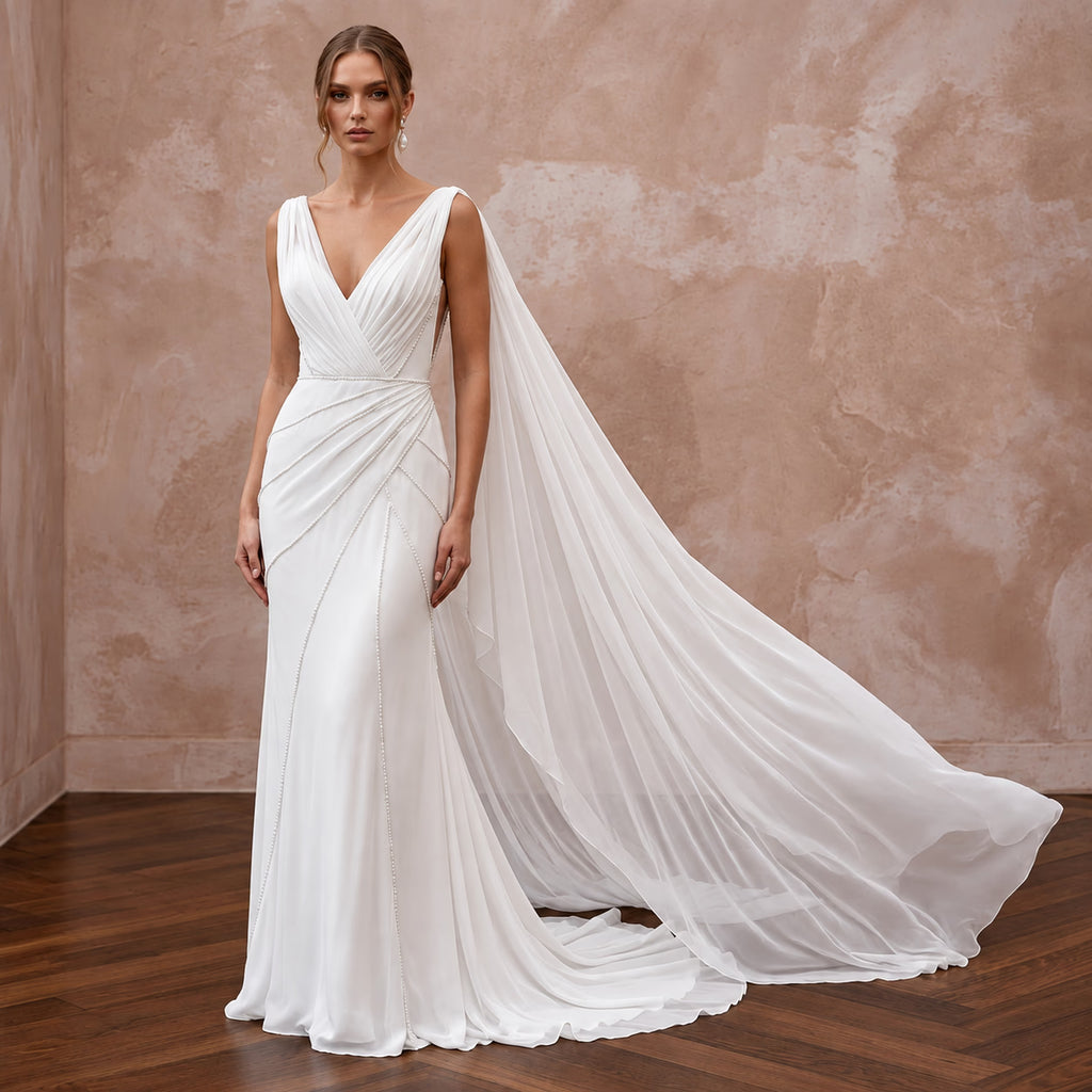 Ethereal White Silk Chiffon Watteau Train Sheath Wedding Dress - Apparel & Accessories > Clothing > Wedding & Bridal Party Dresses > Wedding Dresses - Mignonette Bridal