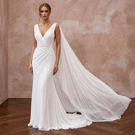 Ethereal White Silk Chiffon Watteau Train Sheath Wedding Dress - Apparel & Accessories > Clothing > Wedding & Bridal Party Dresses > Wedding Dresses - Mignonette Bridal