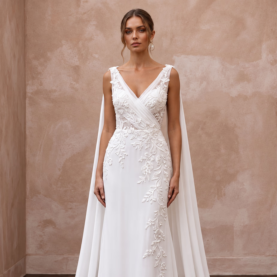 Ethereal White Silk Chiffon Watteau Train Sheath Wedding Dress - Apparel & Accessories > Clothing > Wedding & Bridal Party Dresses > Wedding Dresses - Mignonette Bridal