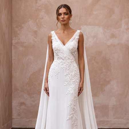 Ethereal White Silk Chiffon Watteau Train Sheath Wedding Dress - Apparel & Accessories > Clothing > Wedding & Bridal Party Dresses > Wedding Dresses - Mignonette Bridal