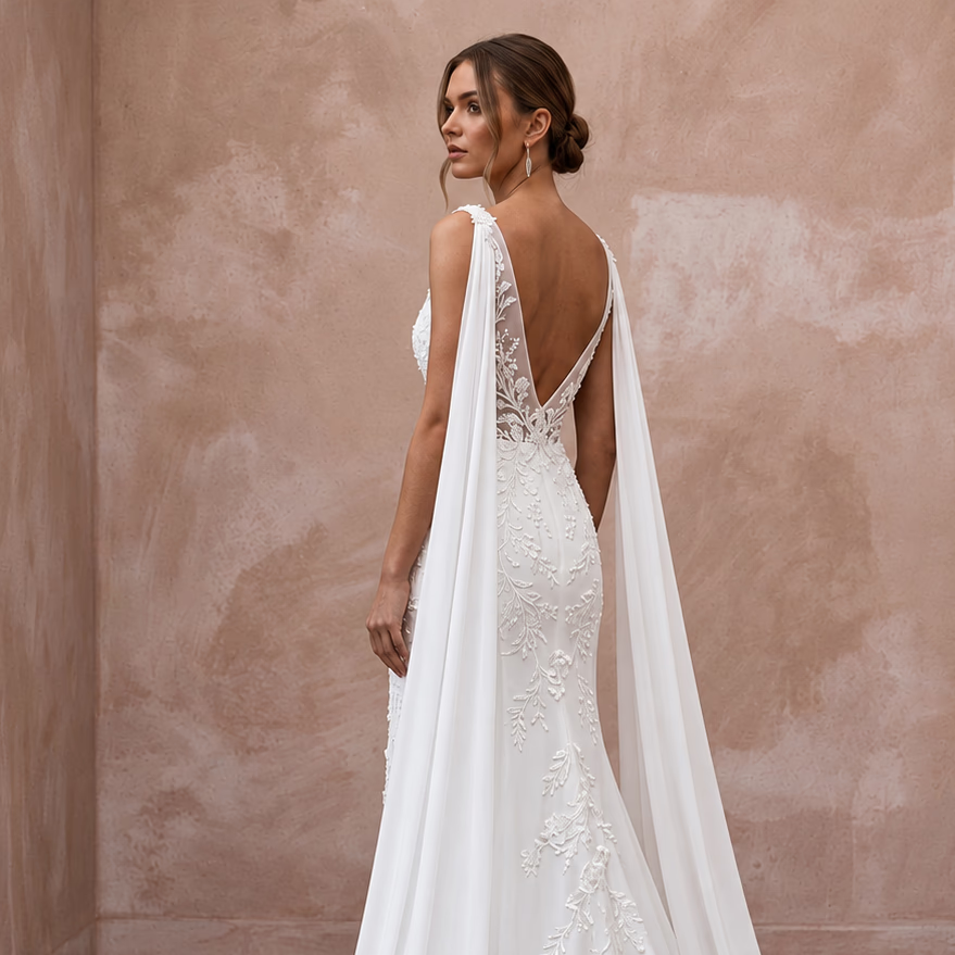 Ethereal White Silk Chiffon Watteau Train Sheath Wedding Dress - Apparel & Accessories > Clothing > Wedding & Bridal Party Dresses > Wedding Dresses - Mignonette Bridal
