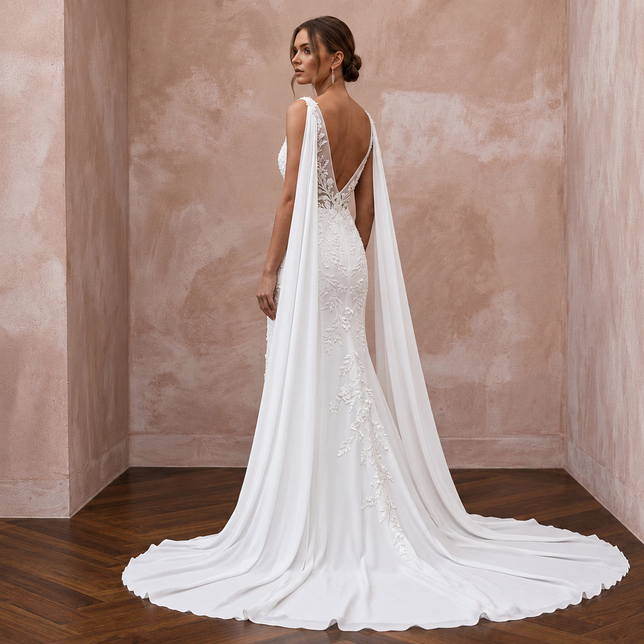 Ethereal White Silk Chiffon Watteau Train Sheath Wedding Dress Secondary image
