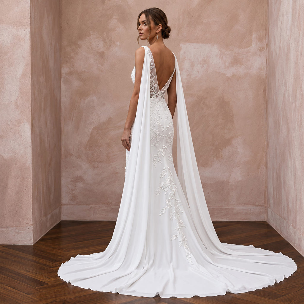 Ethereal White Silk Chiffon Watteau Train Sheath Wedding Dress - Apparel & Accessories > Clothing > Wedding & Bridal Party Dresses > Wedding Dresses - Mignonette Bridal