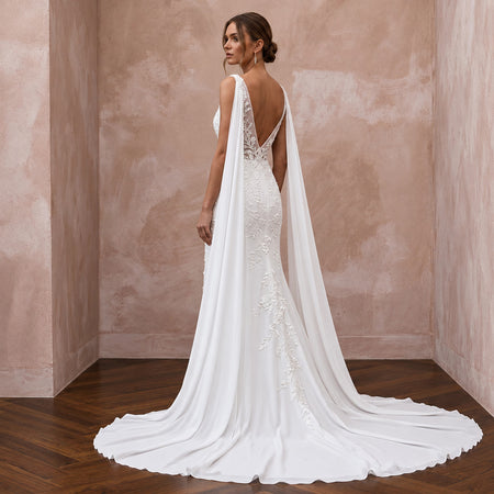 Ethereal White Silk Chiffon Watteau Train Sheath Wedding Dress - Apparel & Accessories > Clothing > Wedding & Bridal Party Dresses > Wedding Dresses - Mignonette Bridal