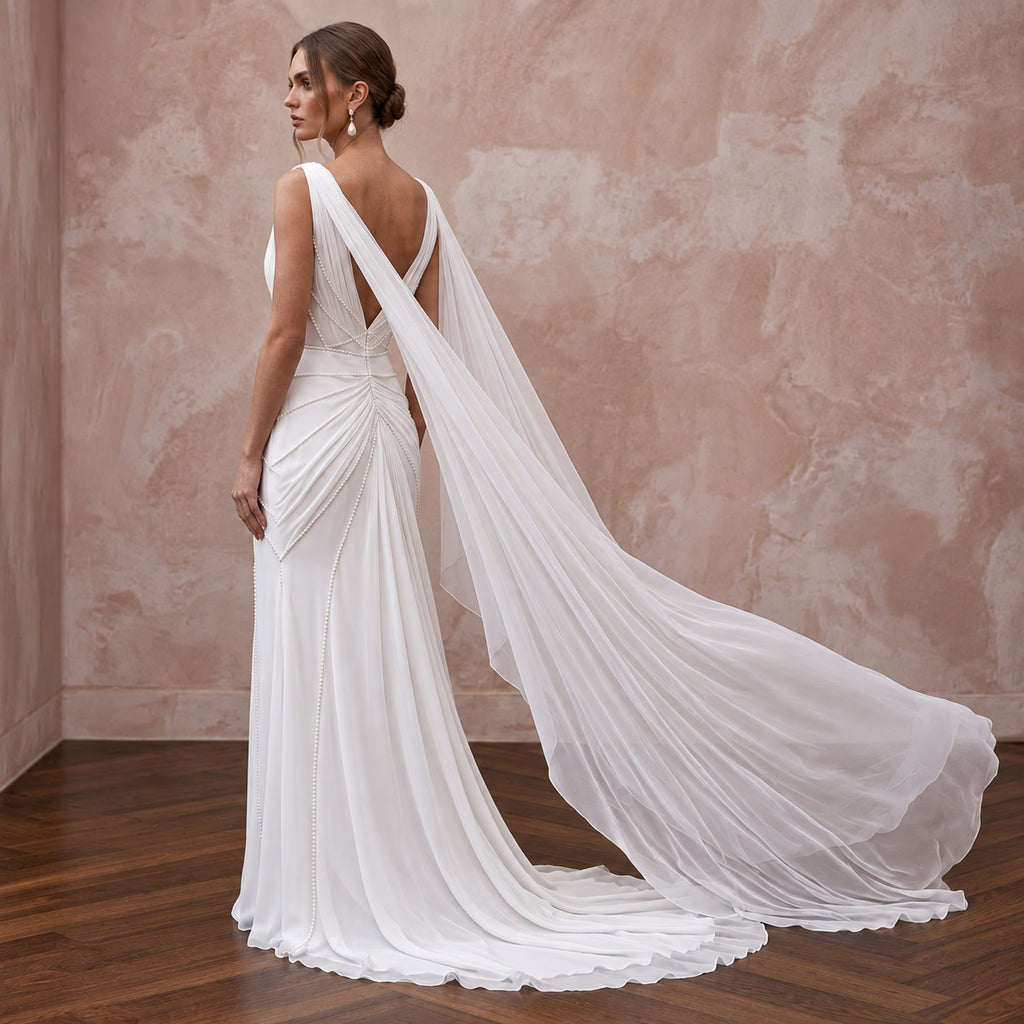 Ethereal White Silk Chiffon Watteau Train Sheath Wedding Dress - Apparel & Accessories > Clothing > Wedding & Bridal Party Dresses > Wedding Dresses - Mignonette Bridal