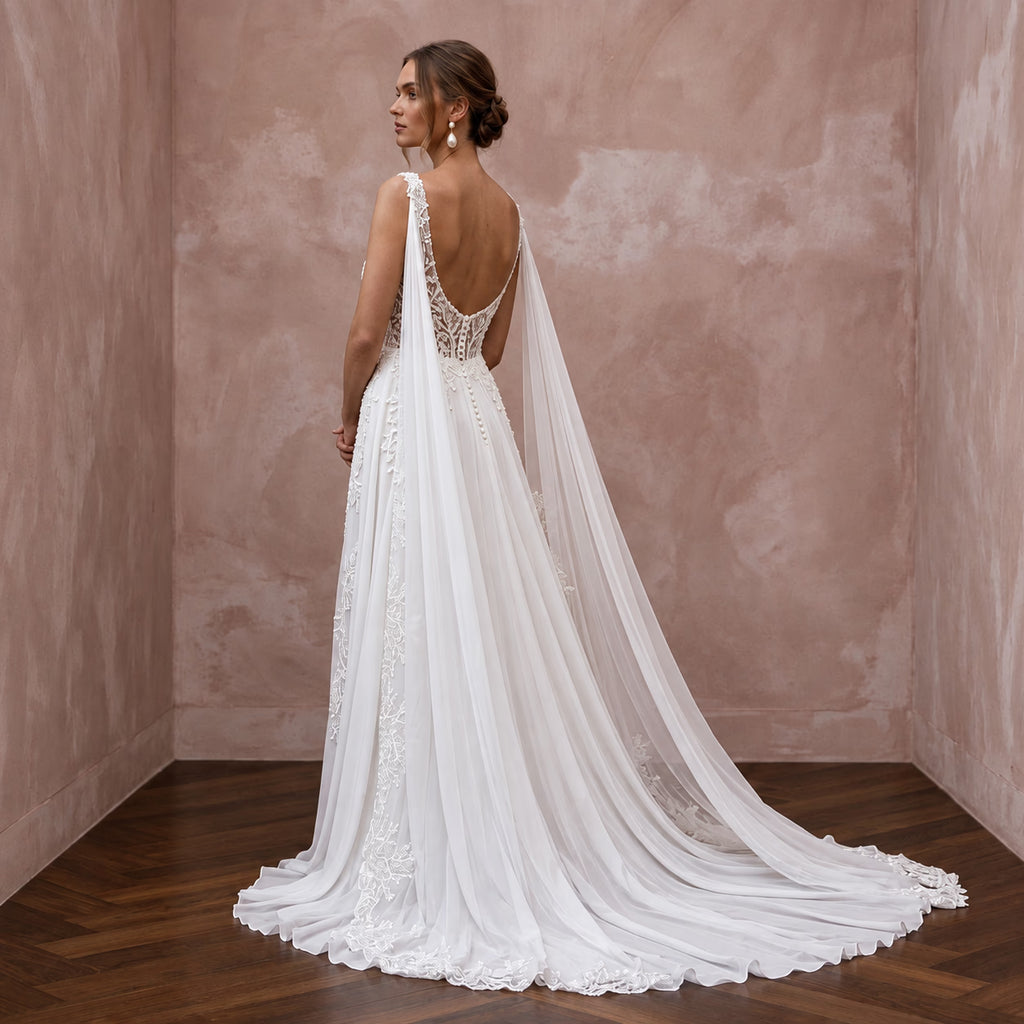 Ethereal White Silk Chiffon Watteau Train Sheath Wedding Dress