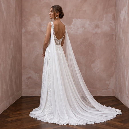 Ethereal White Silk Chiffon Watteau Train Sheath Wedding Dress