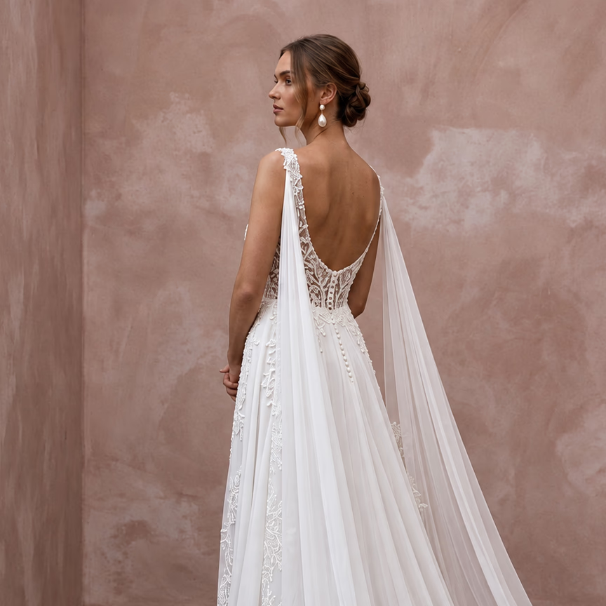 Ethereal White Silk Chiffon Watteau Train Sheath Wedding Dress