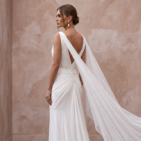 Ethereal White Silk Chiffon Watteau Train Sheath Wedding Dress - Apparel & Accessories > Clothing > Wedding & Bridal Party Dresses > Wedding Dresses - Mignonette Bridal
