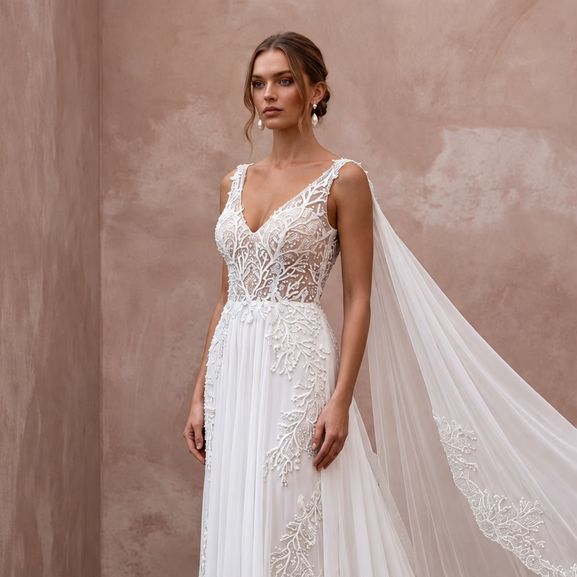 Ethereal White Silk Chiffon Watteau Train Sheath Wedding Dress