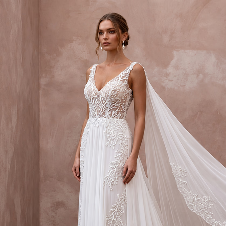 Ethereal White Silk Chiffon Watteau Train Sheath Wedding Dress