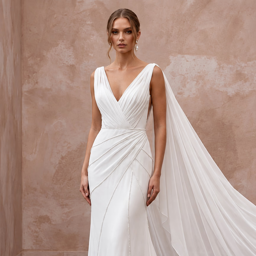 Ethereal White Silk Chiffon Watteau Train Sheath Wedding Dress - Apparel & Accessories > Clothing > Wedding & Bridal Party Dresses > Wedding Dresses - Mignonette Bridal