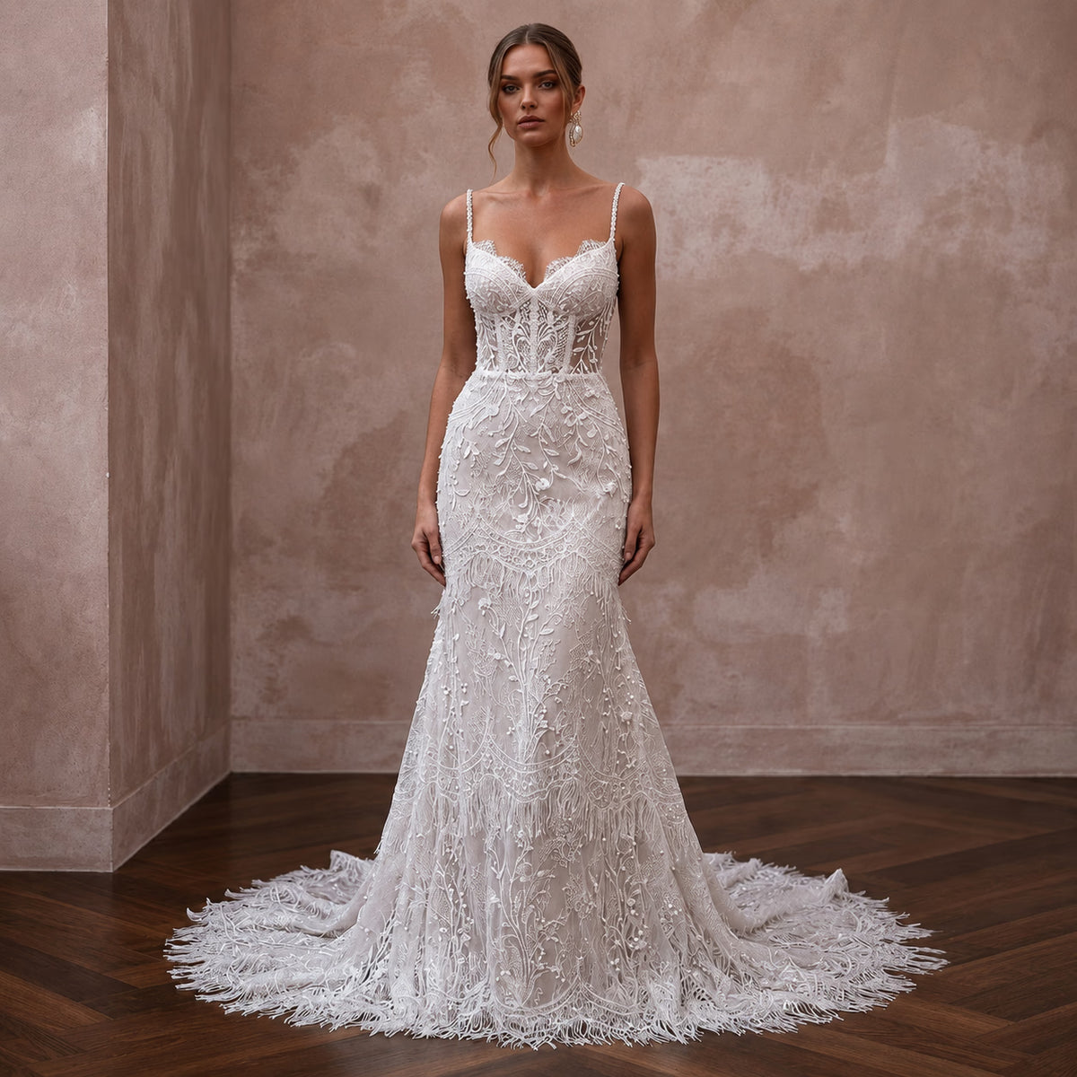 Eyelash Lace Wedding Dresses with Romantic Elegance - Apparel & Accessories > Clothing > Wedding & Bridal Party Dresses > Wedding Dresses - Mignonette Bridal Main image