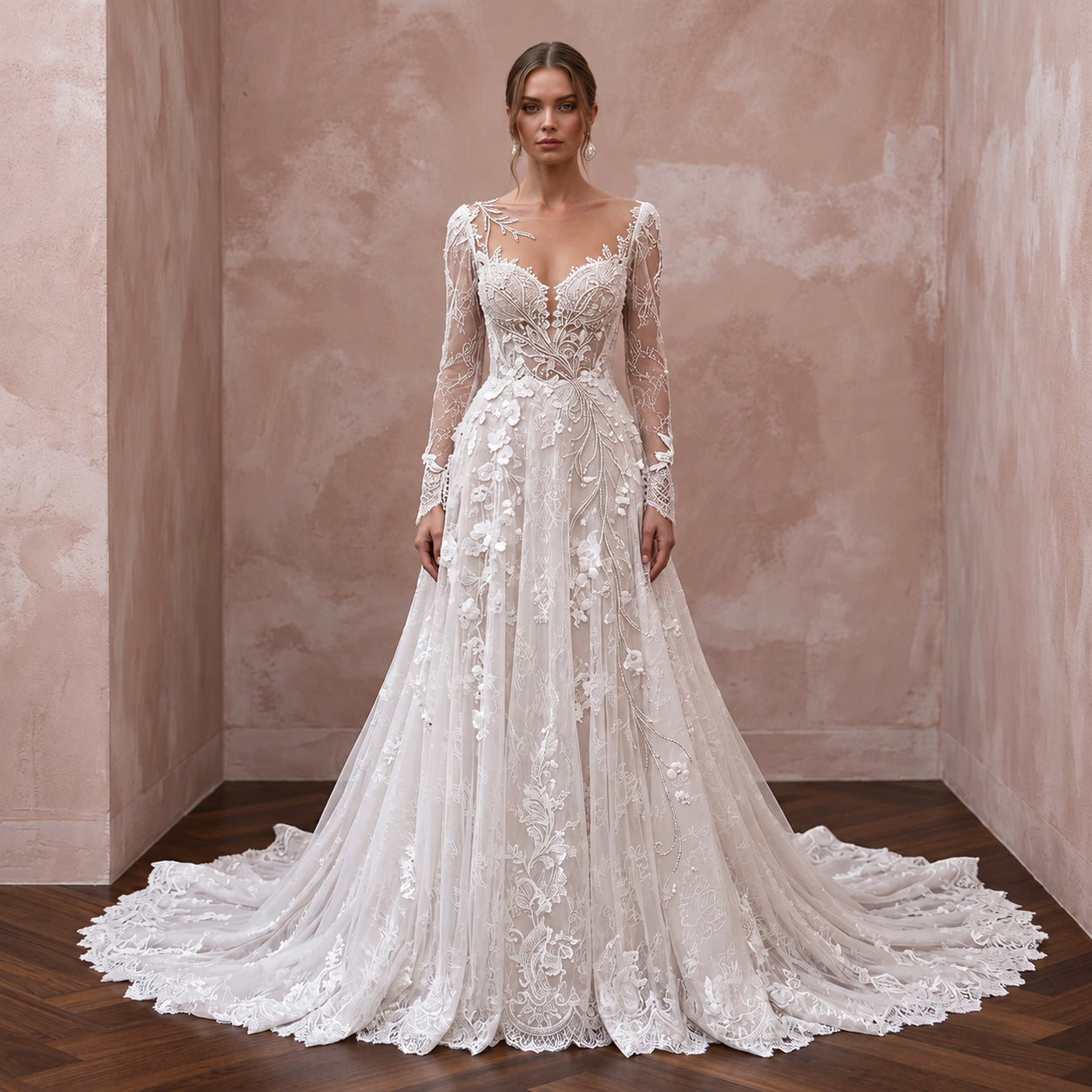 Fairytale Lace Wedding Dress with Long Sleeves - Apparel & Accessories > Clothing > Wedding & Bridal Party Dresses > Wedding Dresses - Mignonette Bridal