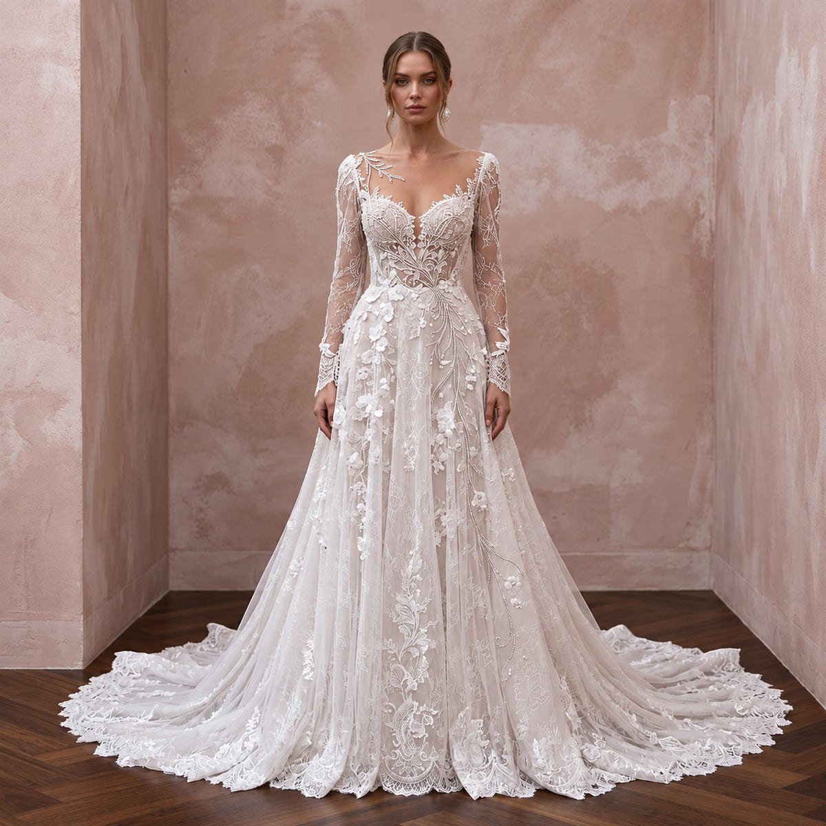 Fairytale Lace Wedding Dress with Long Sleeves - Apparel & Accessories > Clothing > Wedding & Bridal Party Dresses > Wedding Dresses - Mignonette Bridal Main image