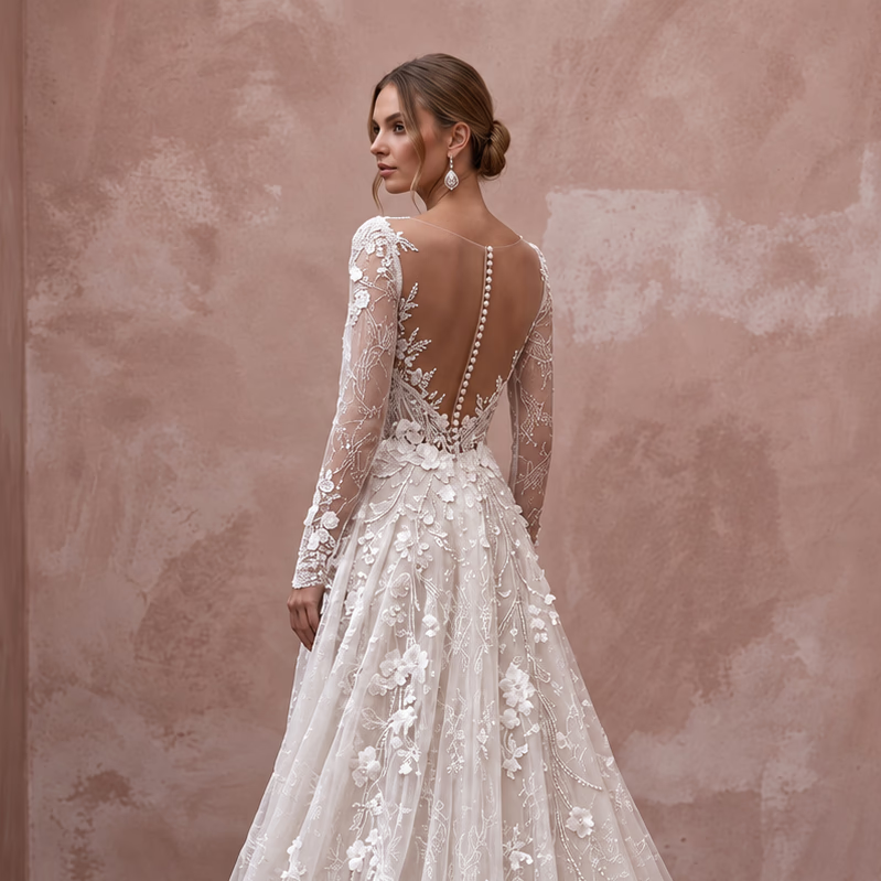 Fairytale Lace Wedding Dress with Long Sleeves - Apparel & Accessories > Clothing > Wedding & Bridal Party Dresses > Wedding Dresses - Mignonette Bridal