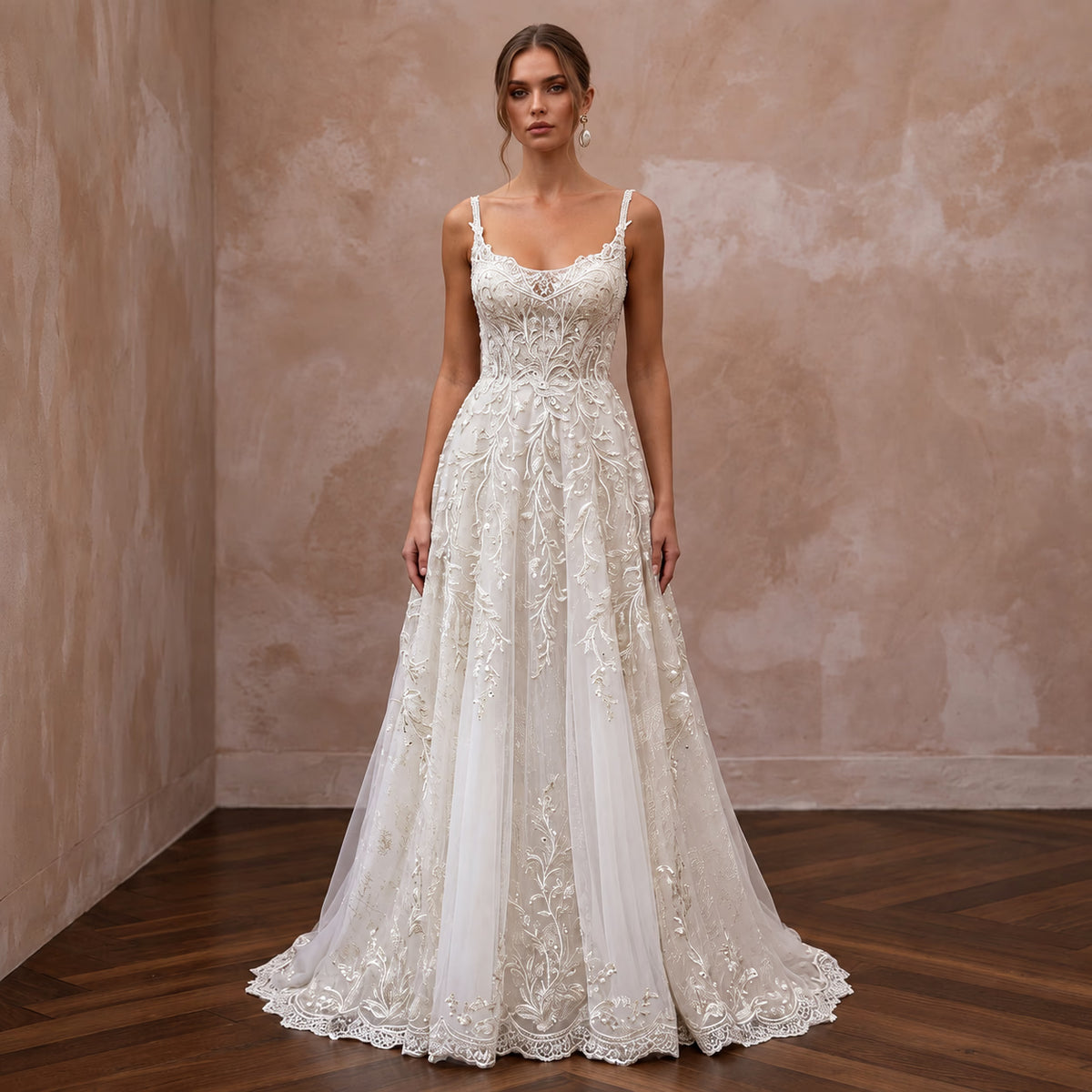 Fairytale Off-White Metallic Lace A-Line Wedding Dress for Forest Elopement