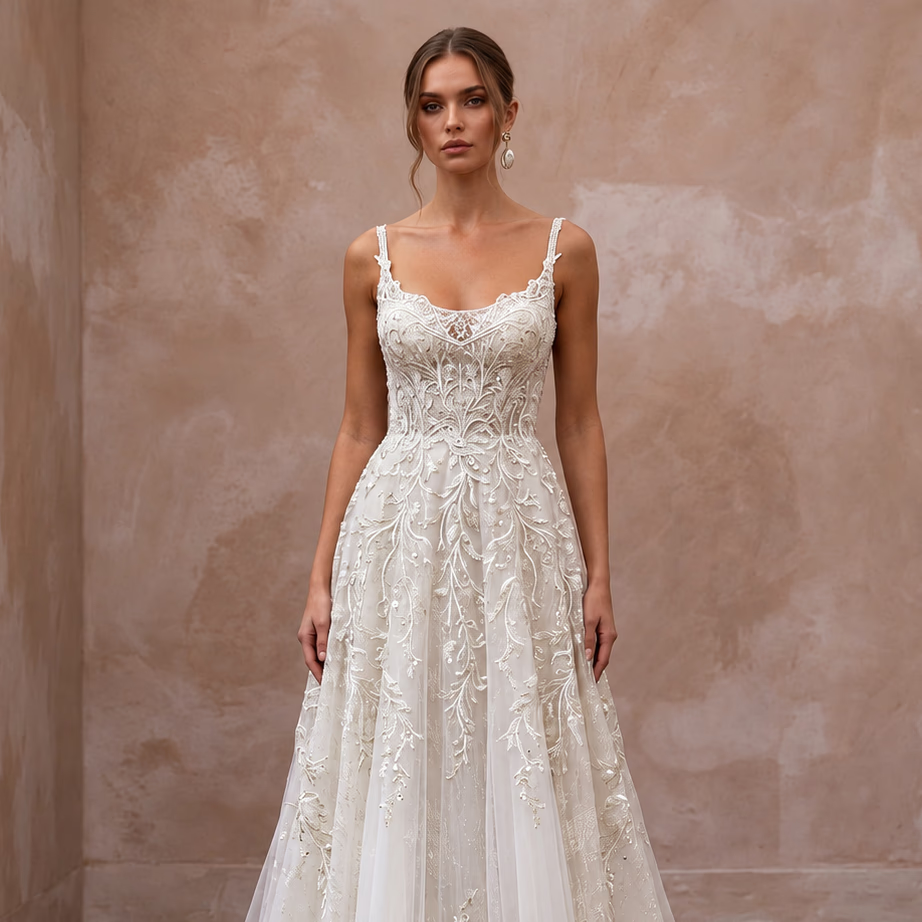 Fairytale Off-White Metallic Lace A-Line Wedding Dress for Forest Elopement