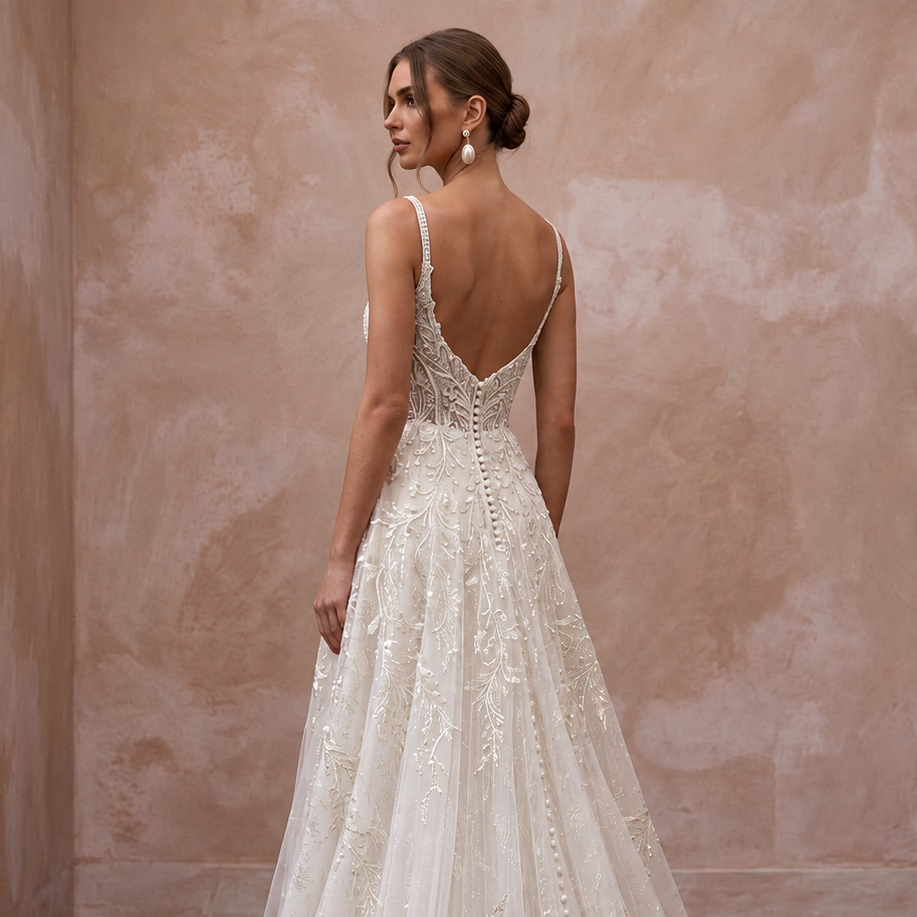 Fairytale Off-White Metallic Lace A-Line Wedding Dress for Forest Elopement