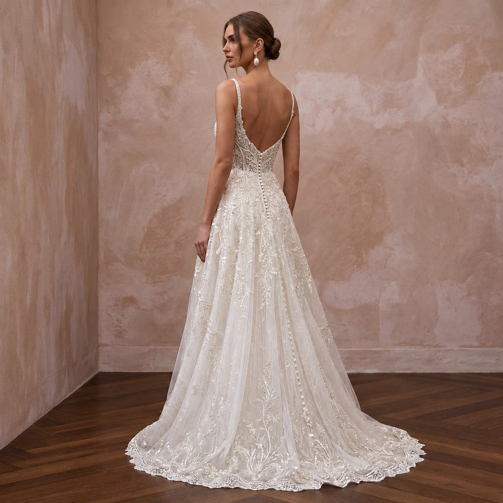 Fairytale Off-White Metallic Lace A-Line Wedding Dress for Forest Elopement