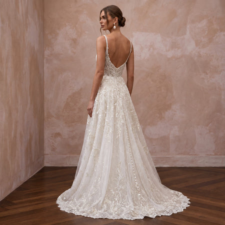 Fairytale Off-White Metallic Lace A-Line Wedding Dress for Forest Elopement