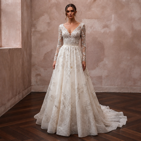 Fairytale Off-White Metallic Lace A-Line for Forest Elopement