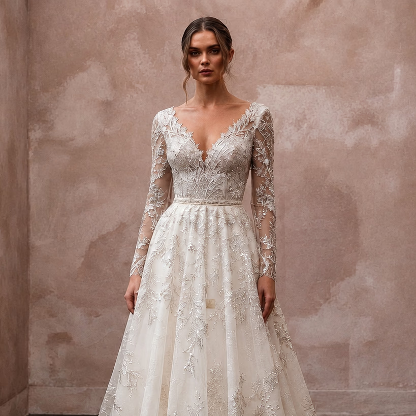 Fairytale Off - White Metallic Lace A - Line for Forest Elopement - Apparel & Accessories > Clothing > Wedding & Bridal Party Dresses > Wedding Dresses - Mignonette Bridal