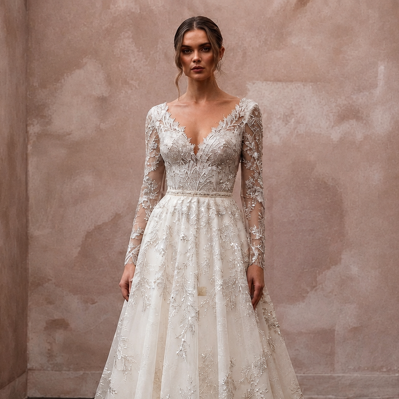 Fairytale Off-White Metallic Lace A-Line for Forest Elopement