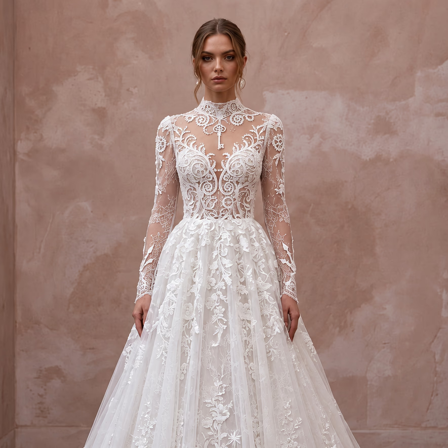 Fairytale White Lace Long Sleeve Bridal Dress for Trash the Dress