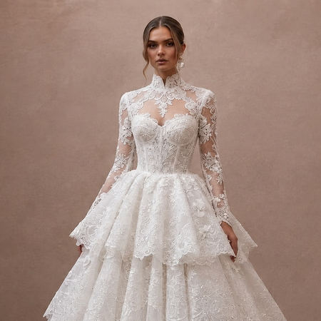 Vintage Champagne Beaded Long Sleeve Gown for Vow Renewal - Apparel & Accessories > Clothing > Wedding & Bridal Party Dresses > Wedding Dresses - Mignonette Bridal