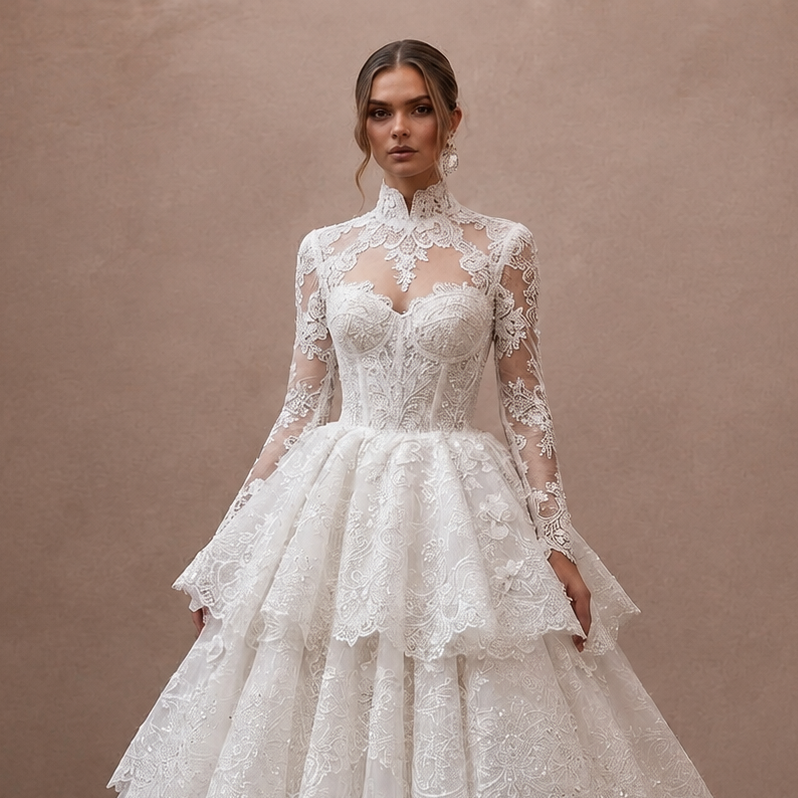 Vintage Champagne Beaded Long Sleeve Gown for Vow Renewal