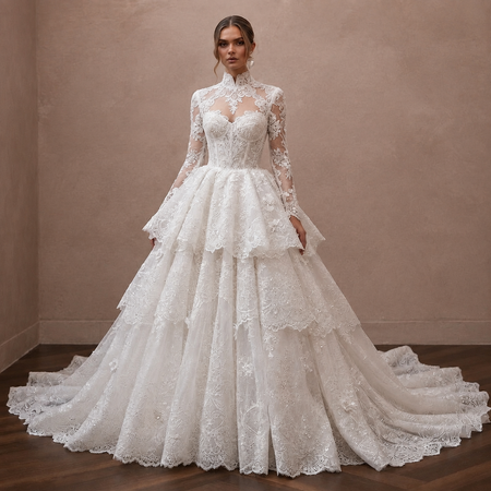 Vintage Champagne Beaded Long Sleeve Gown for Vow Renewal
