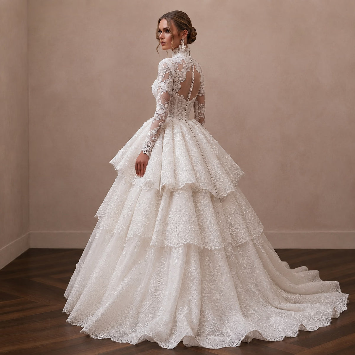 Vintage Champagne Beaded Long Sleeve Gown for Vow Renewal - Apparel & Accessories > Clothing > Wedding & Bridal Party Dresses > Wedding Dresses - Mignonette Bridal