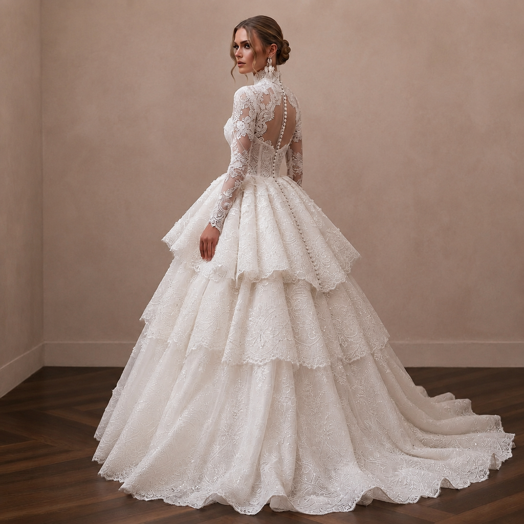 Vintage Champagne Beaded Long Sleeve Gown for Vow Renewal