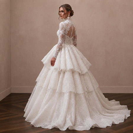 Vintage Champagne Beaded Long Sleeve Gown for Vow Renewal