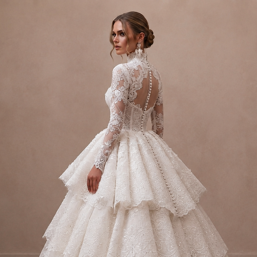 Vintage Champagne Beaded Long Sleeve Gown for Vow Renewal