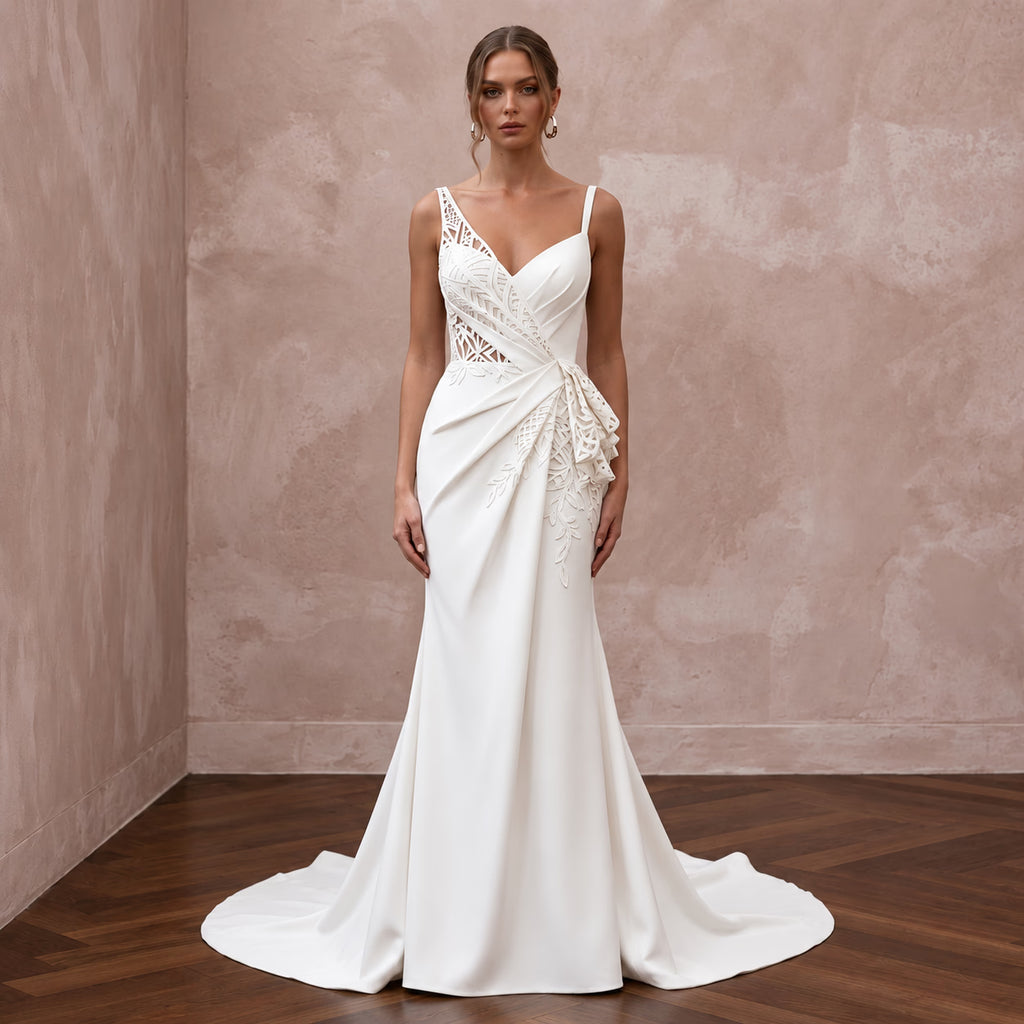 Fashion-Forward Crepe Bridal Gown with Open Back