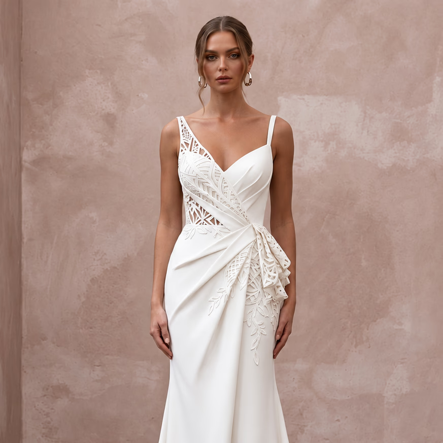 Fashion-Forward Crepe Bridal Gown with Open Back