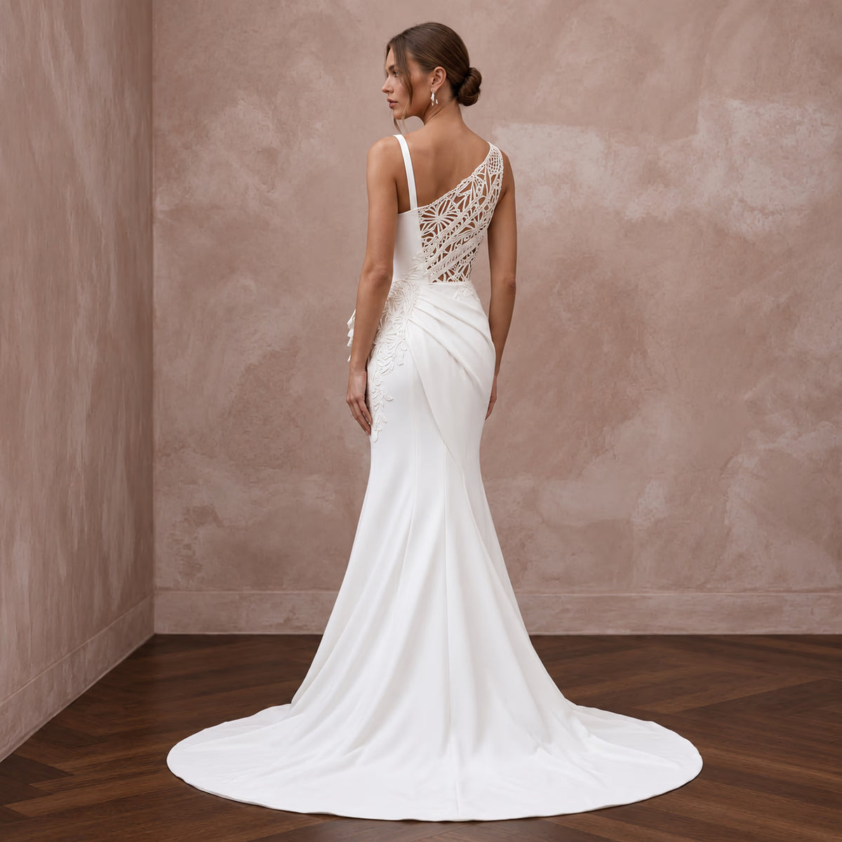 Fashion-Forward Crepe Bridal Gown with Open Back