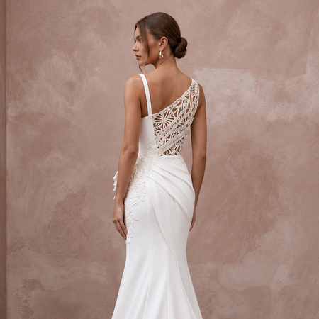 Fashion-Forward Crepe Bridal Gown with Open Back