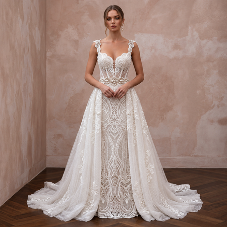Fashion-Forward Lace Bridal Gown with Overskirt