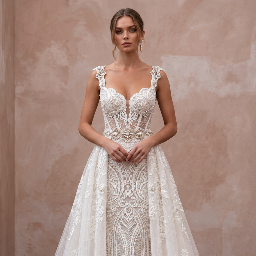 Fashion-Forward Lace Bridal Gown with Overskirt